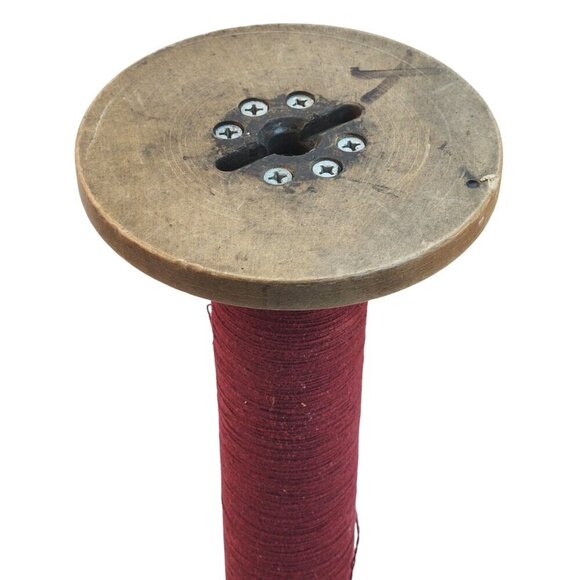 Vintage Spinning Machine Textile Spool Bobbin With Burgundy Thread Yarn 13x6 inc - Picture 6 of 10